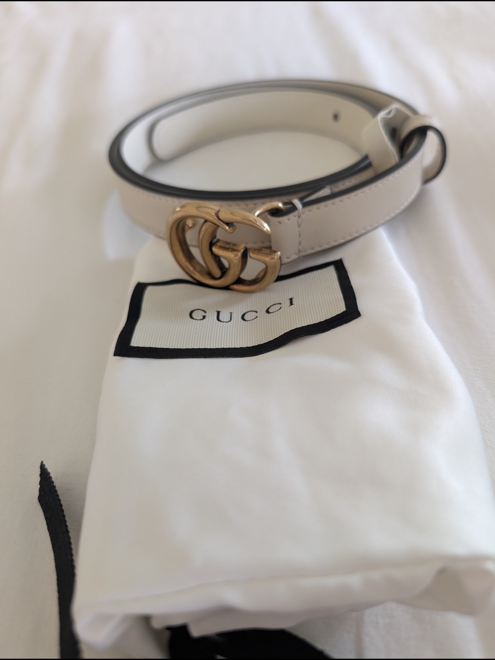 Gucci White Leather Double G Buckle Belt with Gold-Tone Hardware